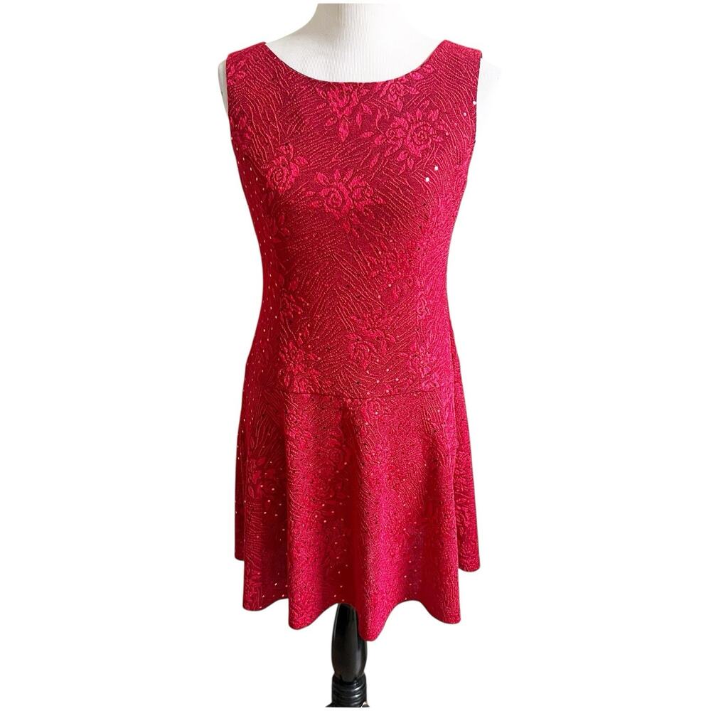 Connected Apparel Red Floral Sparkle Fit & Flare Mini Dress Size 6 Petite Y2K